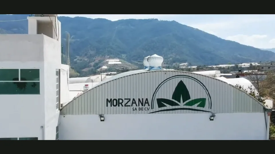 Fachada de Morzana con montañas al fondo.